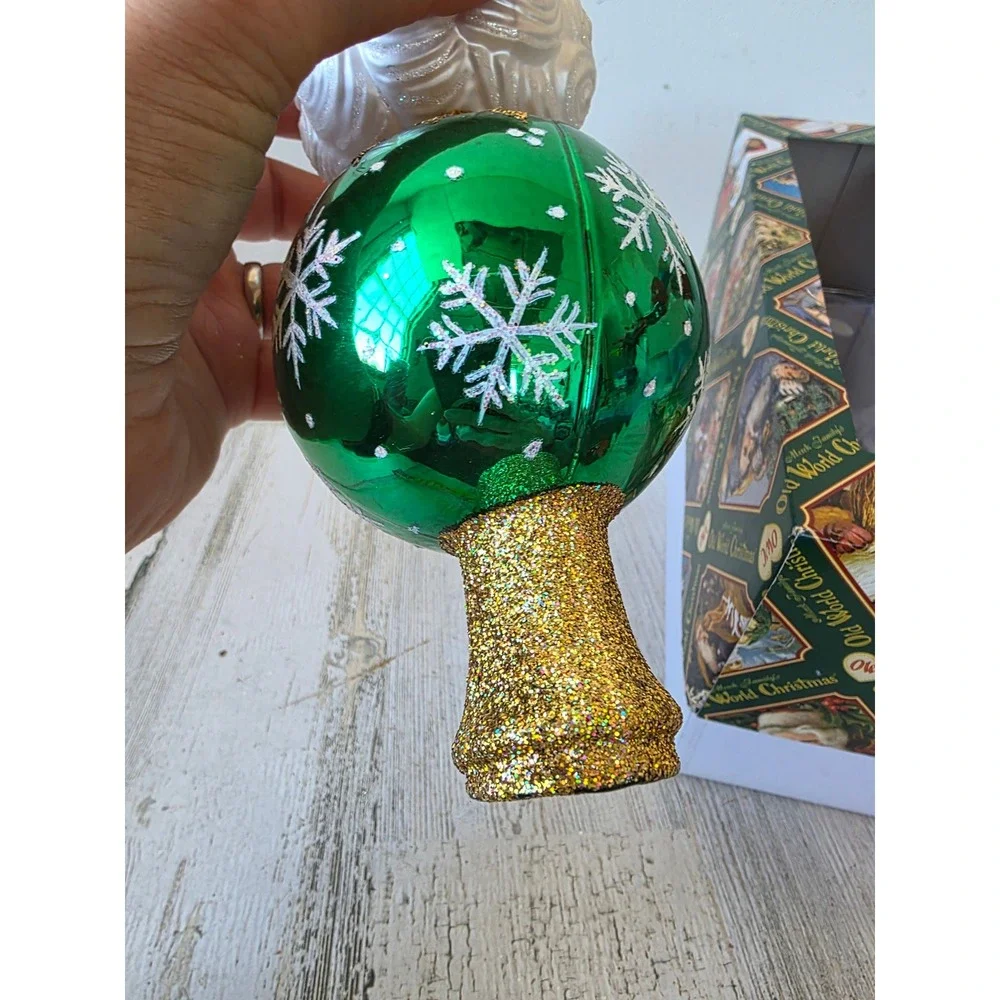 OWC Old world 2005 Santa glitter tree topper ball green gold Xmas tree